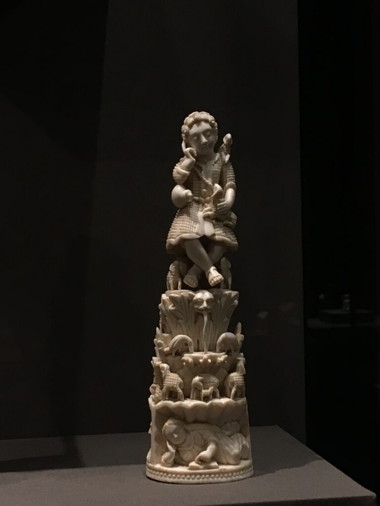 ivory statue of the good shepherd from Goa (India), 17th c., displayed at the KHM Vienna.